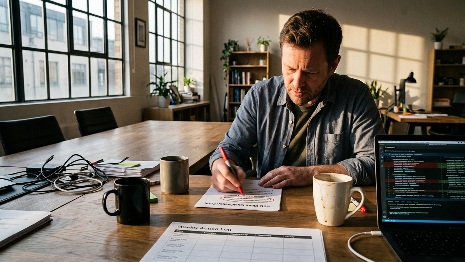 Agency account director reviewing intake forms marked for disqualification.