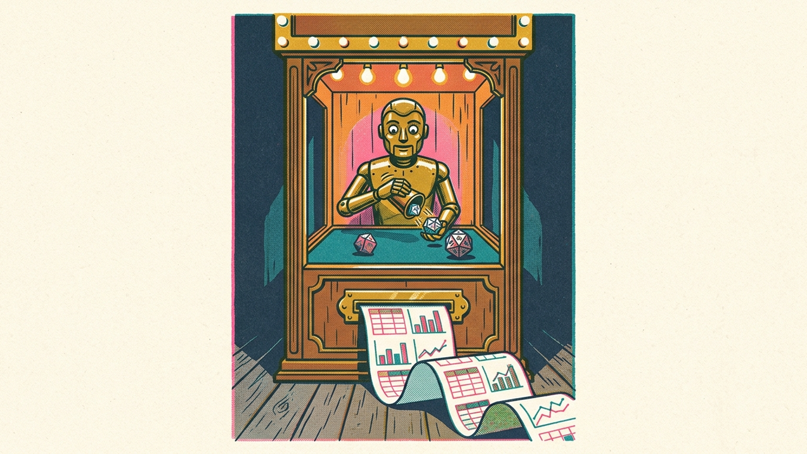 A brass carnival automaton rolls dice and prints spreadsheet charts.