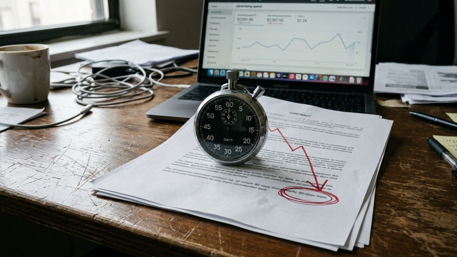 Stopwatch on a signed contract with the 90-day target circled