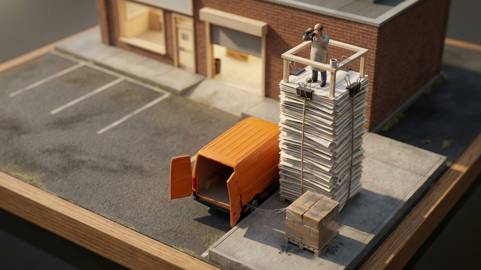 Tiny shop owner atop a tower of reports watches through binoculars while the orange delivery van below sits empty and parcels gather dust.