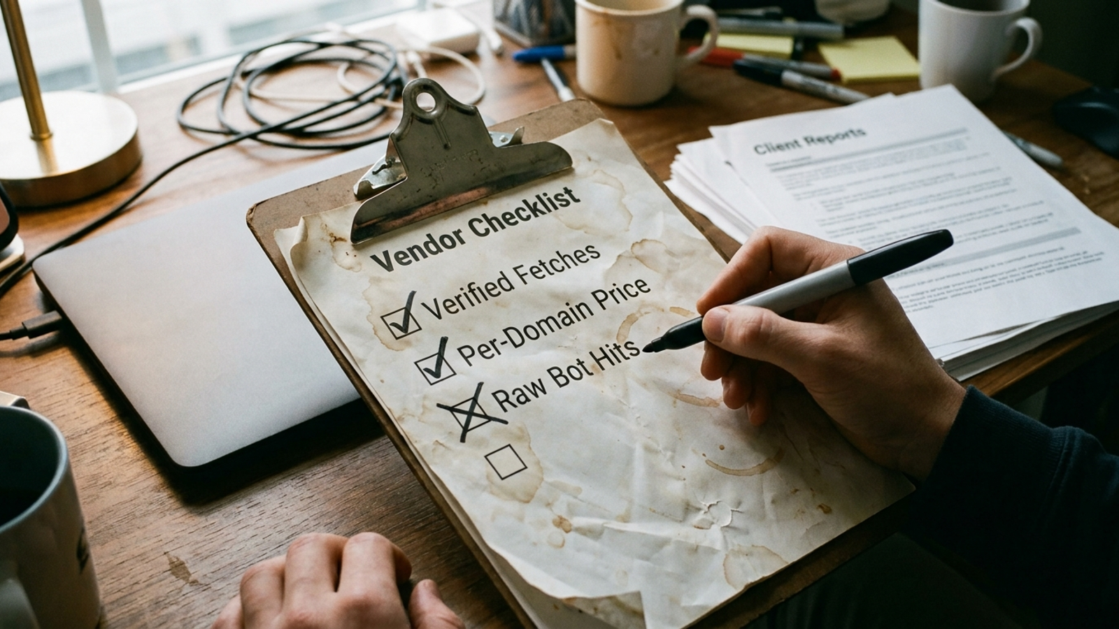 Checklist contrasting verified fetches and per-domain pricing with a raw-hit dashboard