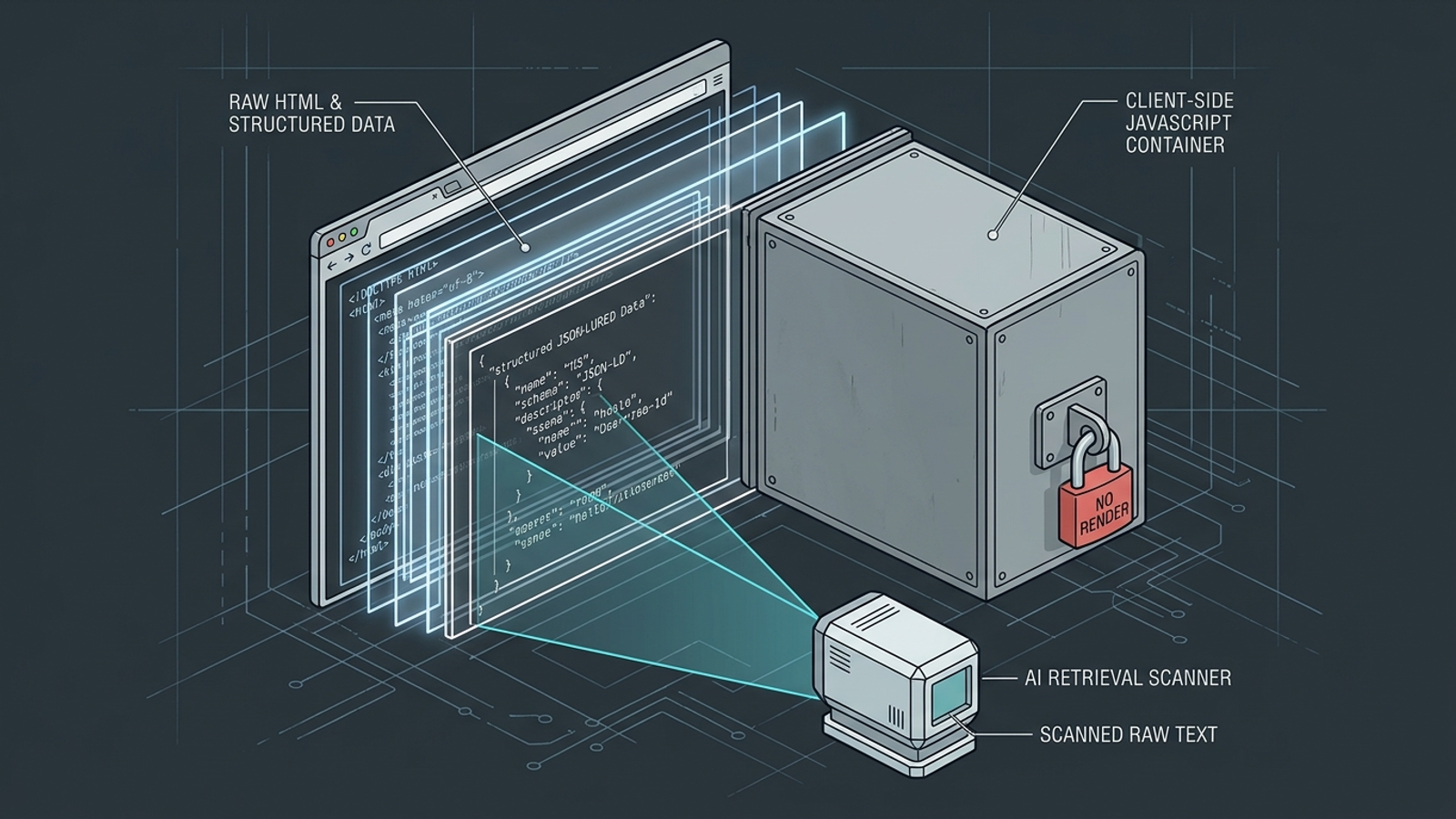 A cutaway webpage shows readable raw HTML beside a blank JavaScript container.