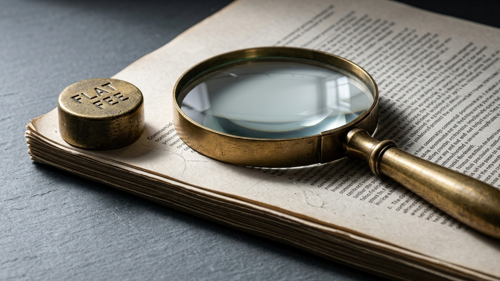 Brass magnifying glass over the small print of a pricing contract.