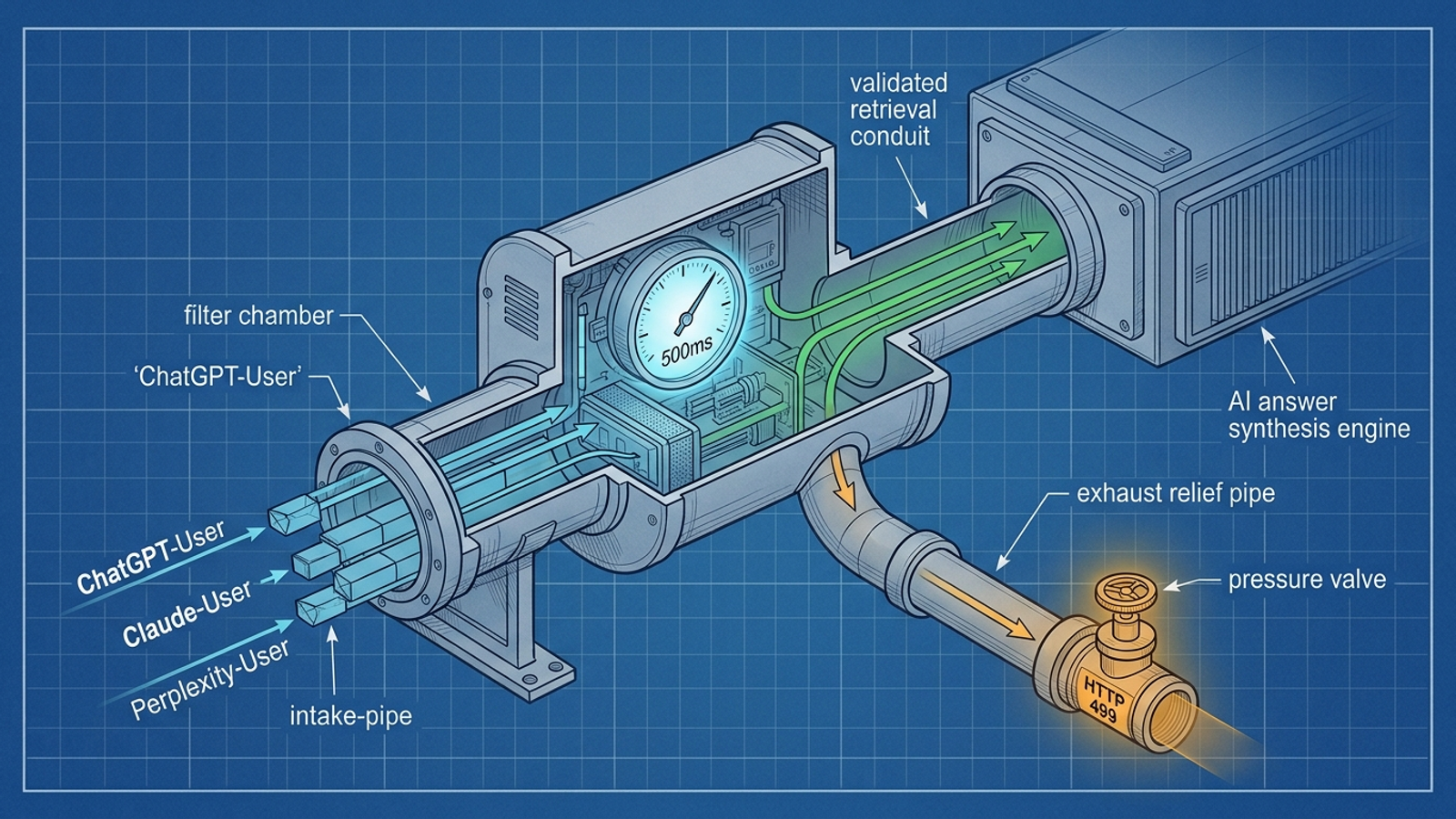 Cutaway diagram of server logs separating AI bot requests by response status.