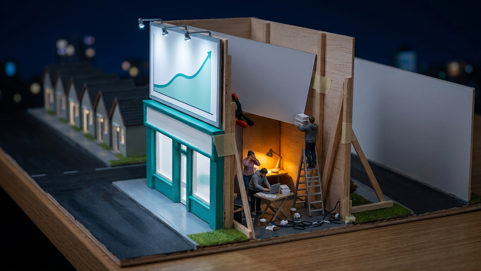 Miniature film-set façade with a shiny rising-graph billboard, propped up from behind by tiny exhausted workers pasting documents late at night.