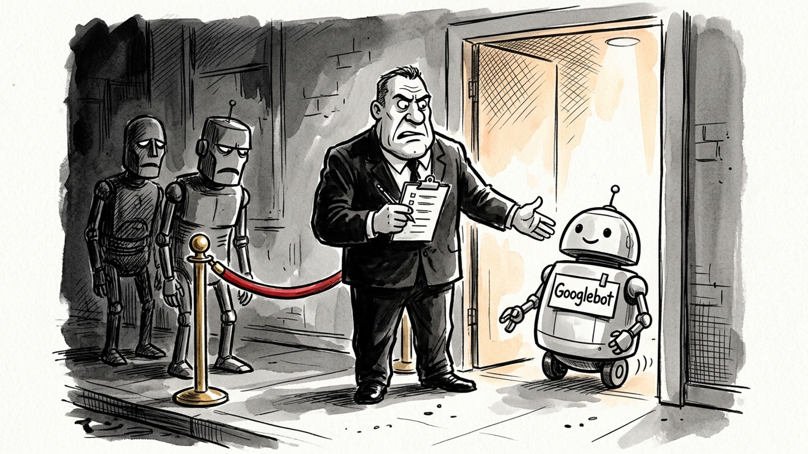 A bouncer checking crawler IDs at a velvet rope