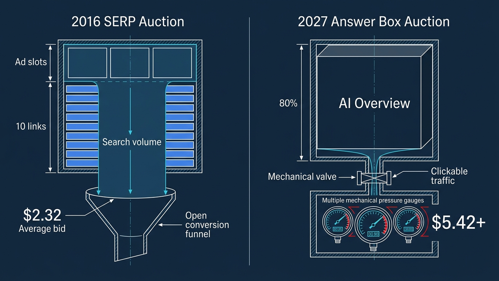 Diagram contrasting a wider search-results funnel with a narrower AI-answer funnel and showing the draft’s $2.32 and $5.42 CPC reference points.