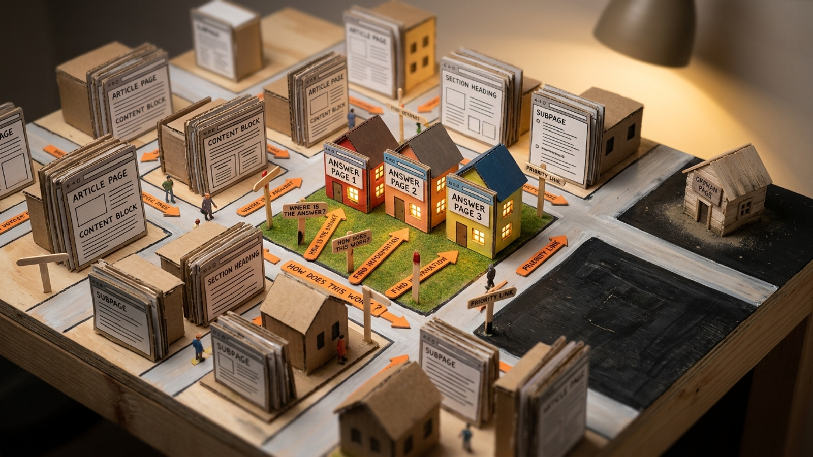 Small model of a website with roads to answer pages and sitemap signposts