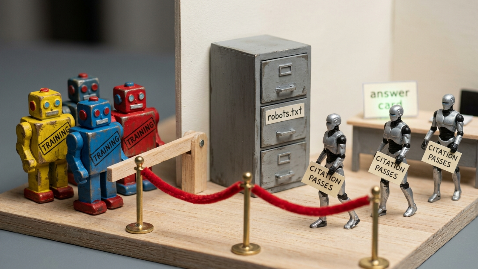 Tiny bouncer robots blocking a filing cabinet labeled robots.txt while citation bots wait with passes