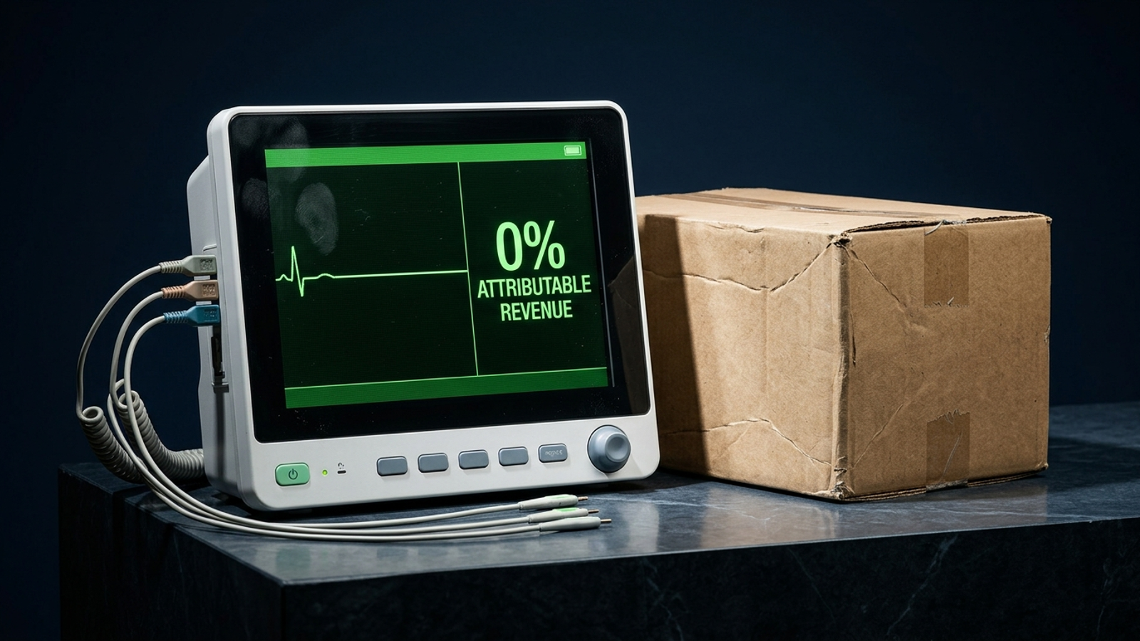 A digital monitor shows a flatline beside an empty cardboard box.