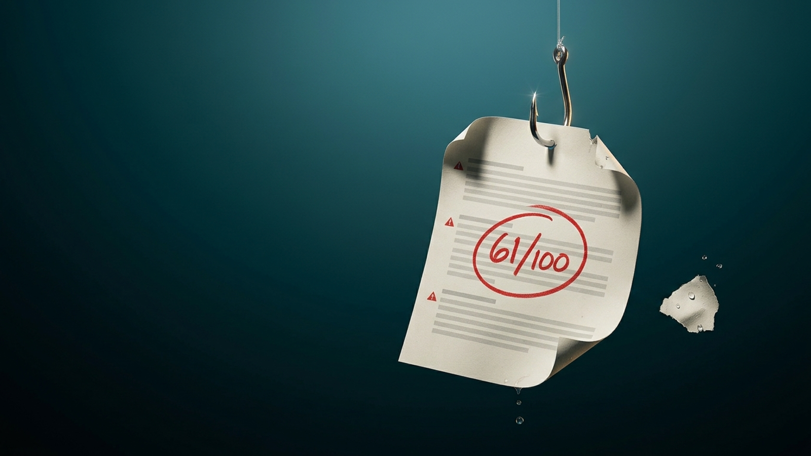 A report card with a red-circled 61/100 score skewered on a fishing hook, suggesting the free ad grade is bait for a sales call.