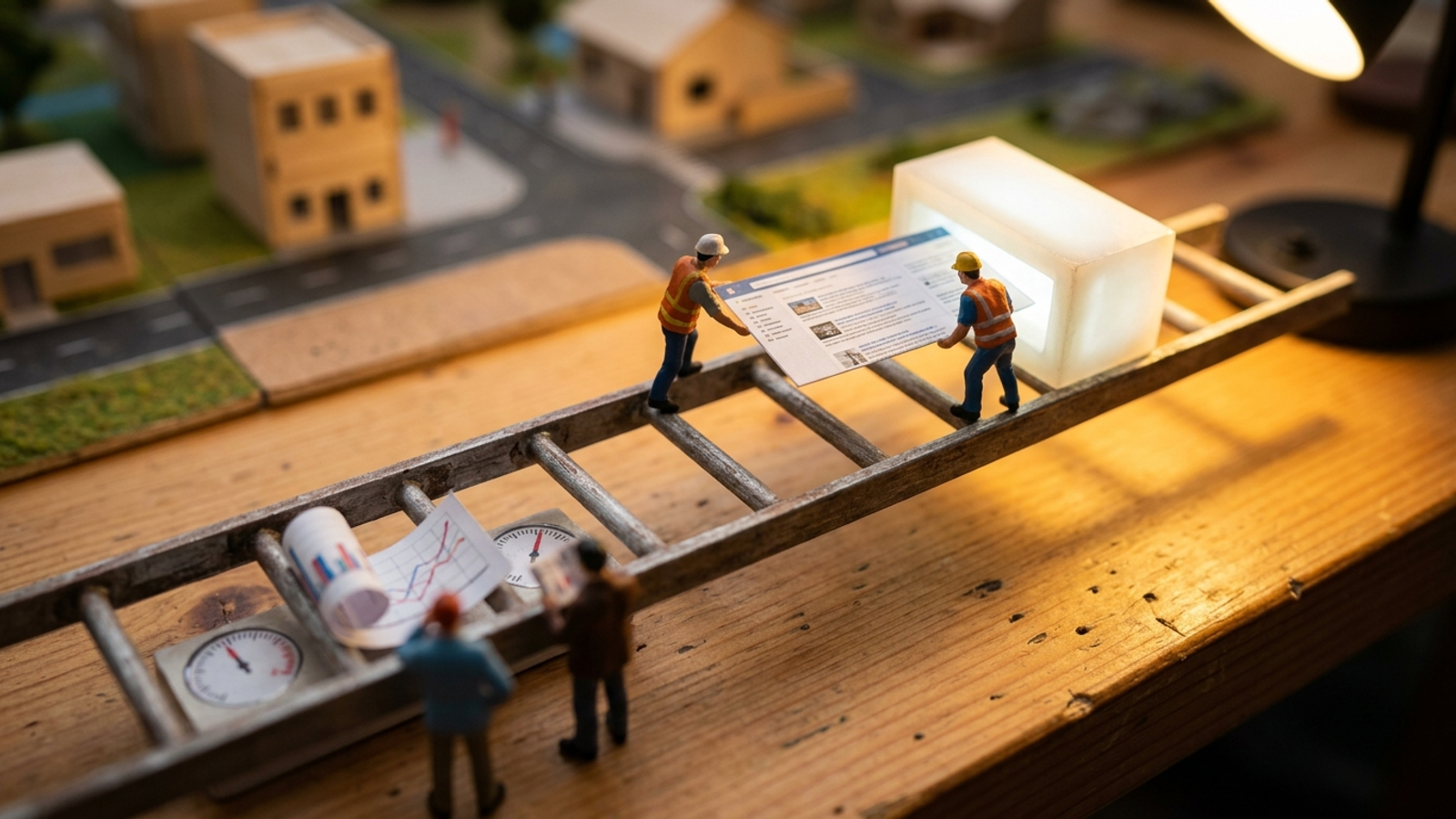 Workers move a web page from visibility charts toward a live answer