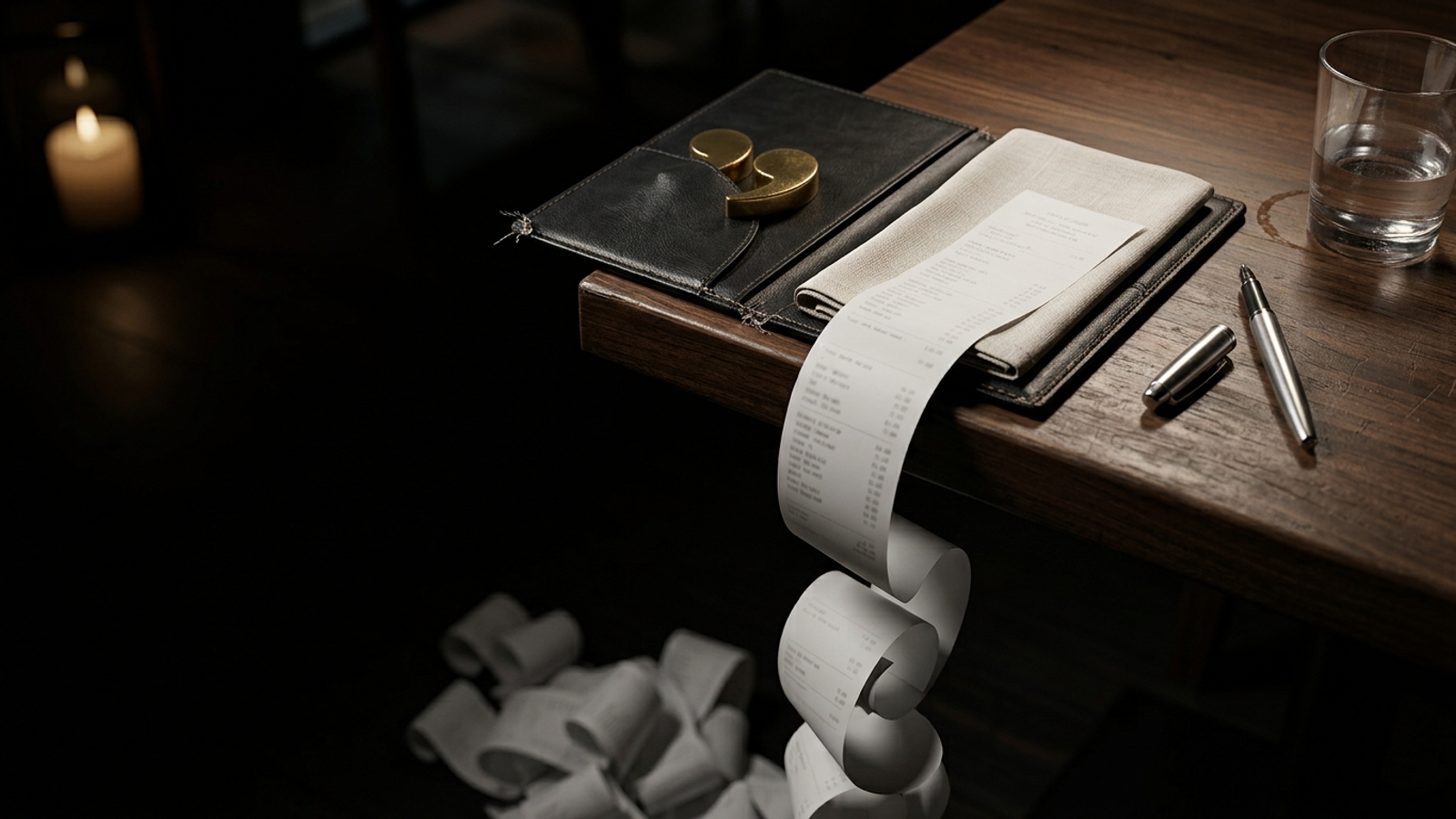 A brass quotation mark served in a restaurant check folder, its receipt unrolling off the table into a heap: one AI citation carries a very long bill.