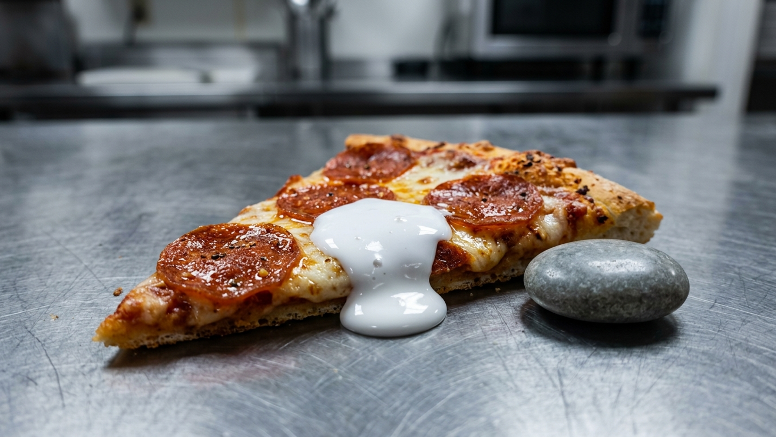 Illustration of a pizza slice covered in craft glue beside a grey stone.