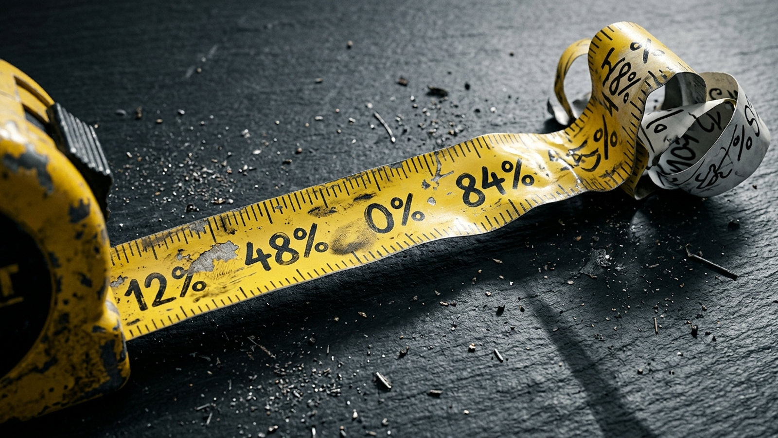 A measuring tape marked with shifting percentages instead of steady units.
