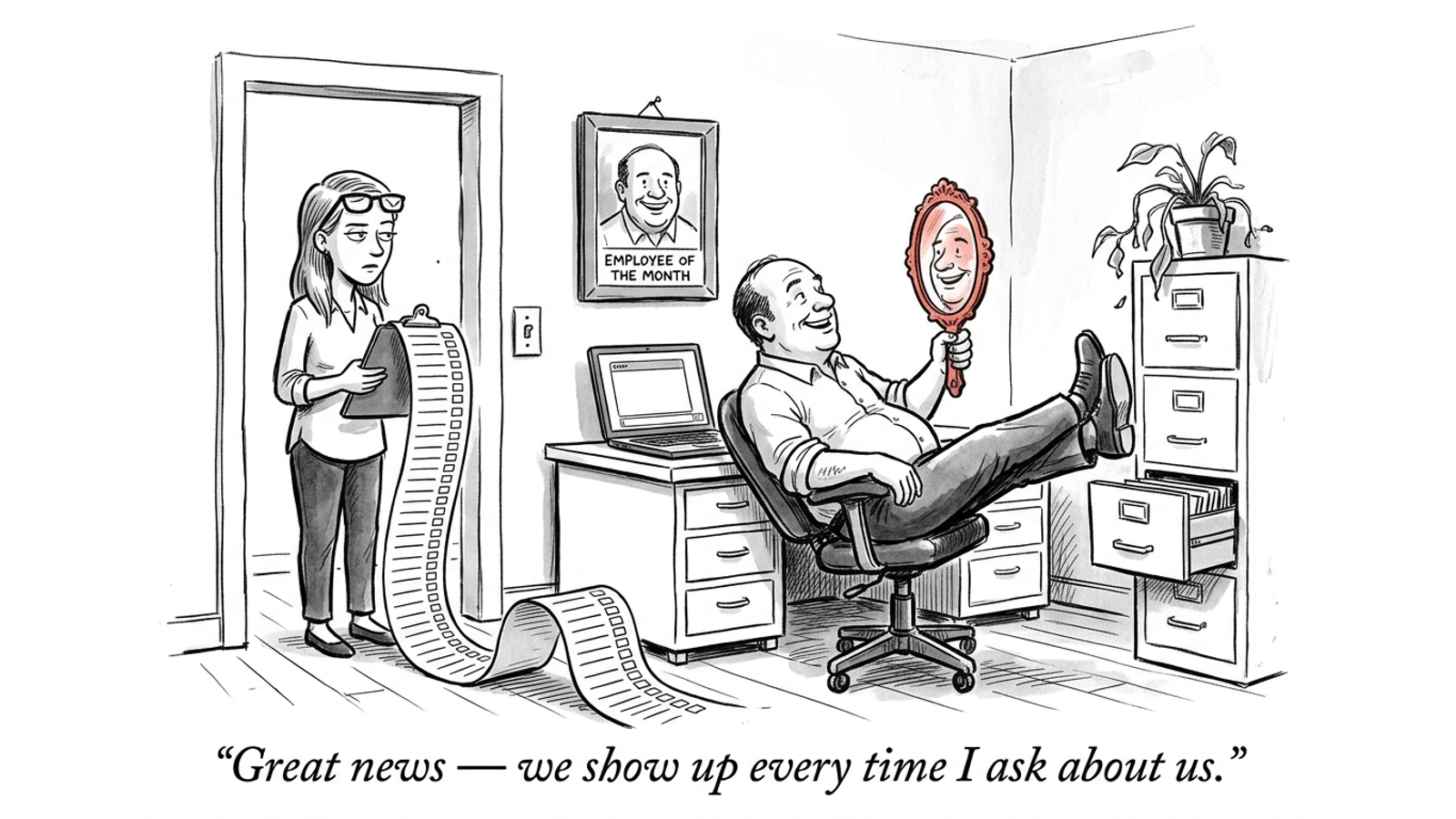 Cartoon of an owner admiring himself in a mirror, boasting his brand appears when he asks about it, while a colleague's long log of missed questions unrolls.