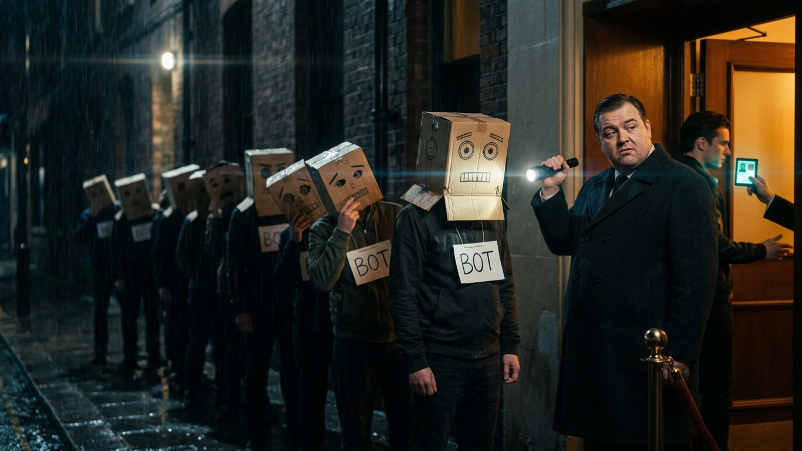 A nightclub doorman shines a flashlight on a queue of people in cardboard robot masks with "BOT" badges, letting through only one with a real ID.