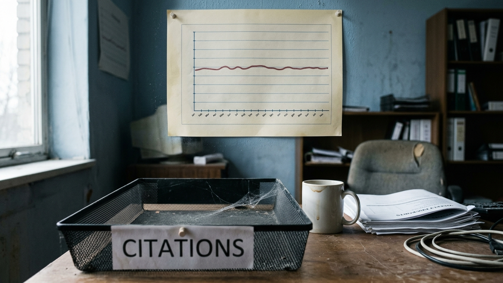 Dusty visibility dashboard beside an empty citation inbox tray
