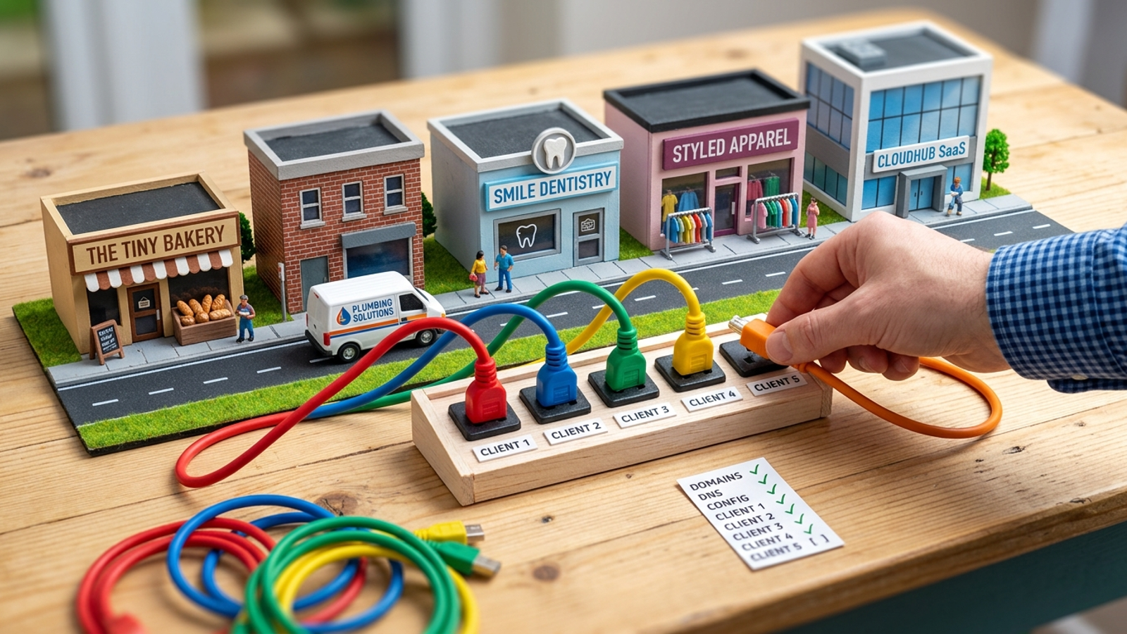 Tiny agency desk plugging miniature client websites into one console