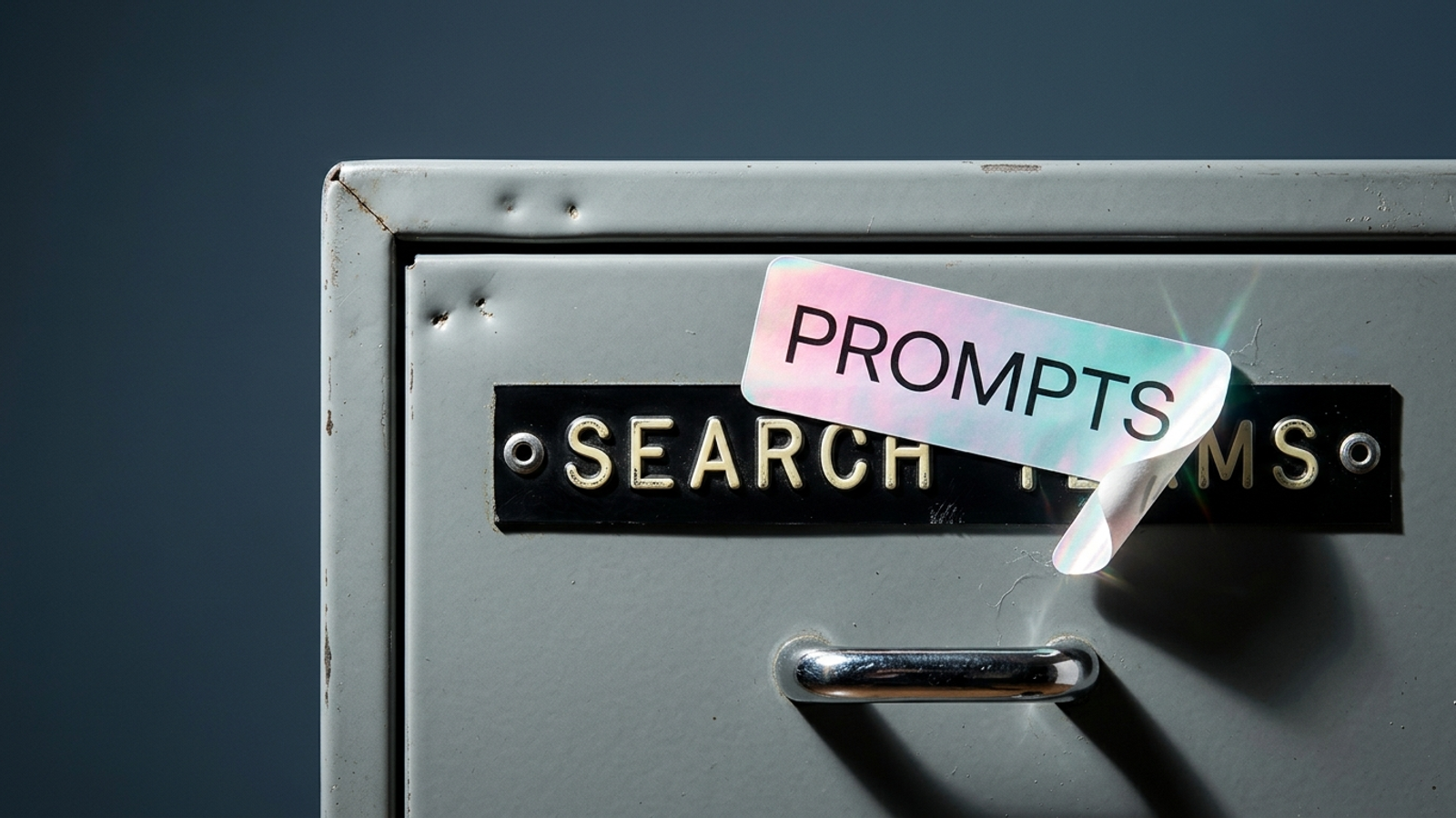 A worn filing drawer labelled 'SEARCH TERMS' with a shiny new 'PROMPTS' sticker slapped over it, its corner peeling to reveal the old label beneath.