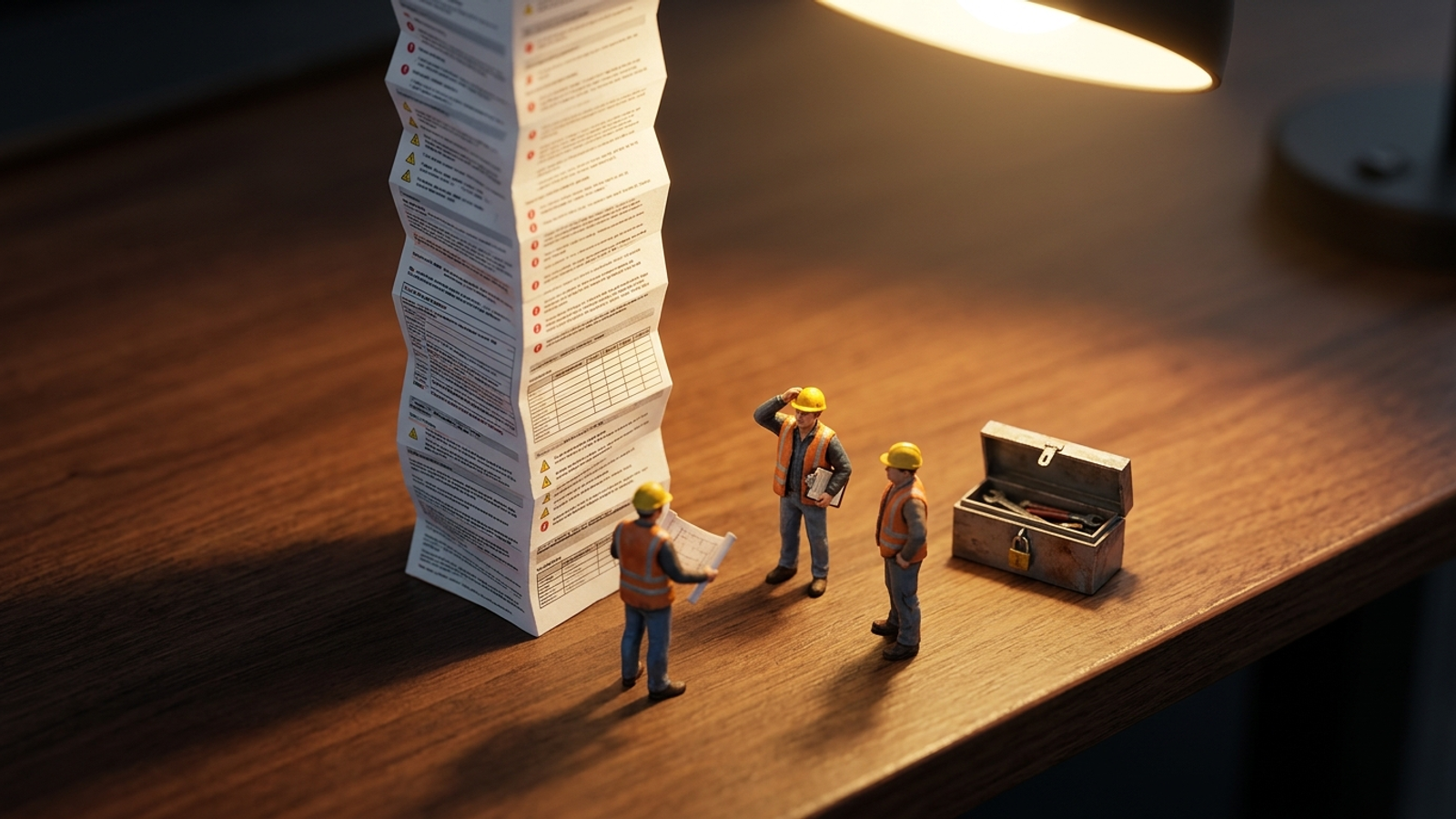 Tiny construction figures gathered around a tall technical audit printout beside an unopened toolbox.
