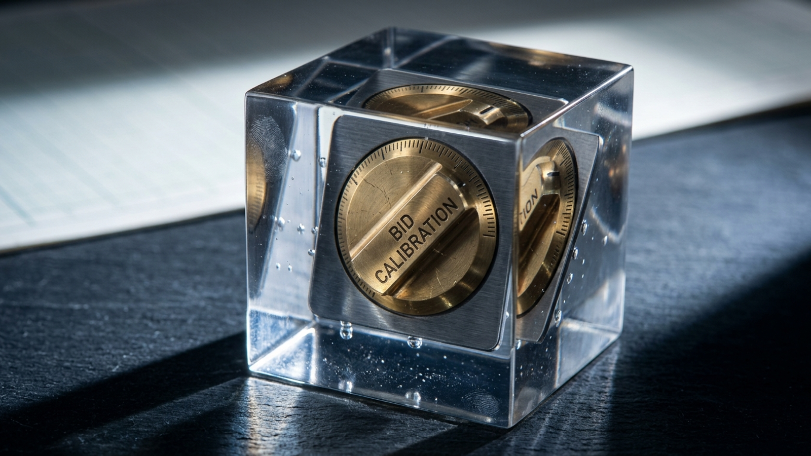 A brass knob labeled BID CALIBRATION sealed inside clear resin.