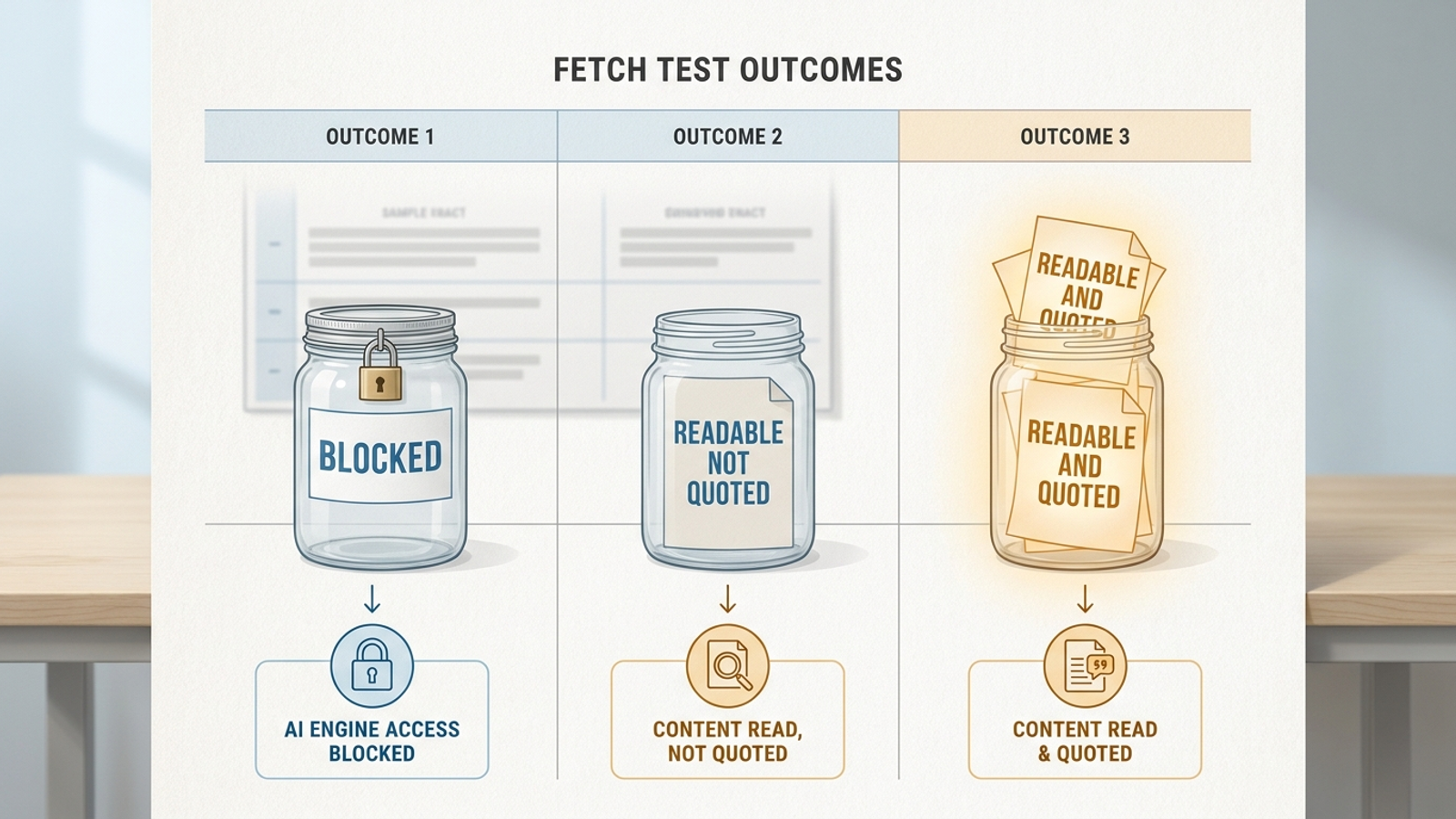 Three test outcomes: blocked, readable but not quoted, and readable and quoted