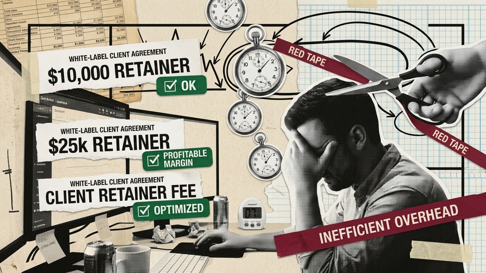 Software invoices beside retainer scopes and calendars, showing the costs an agency must account for.