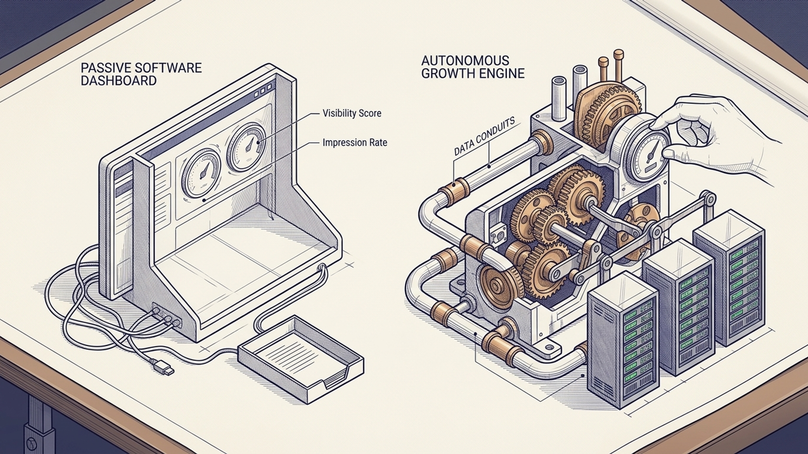 A cutaway illustration contrasting an executing search-marketing engine with a passive reporting dashboard.