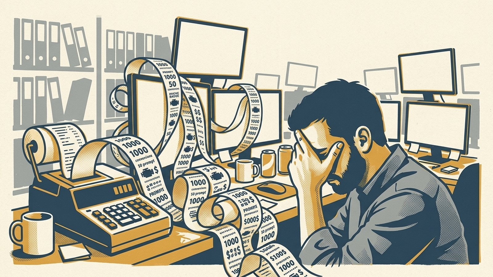 Editorial illustration of an adding machine spilling prompt-usage receipts across a desk.