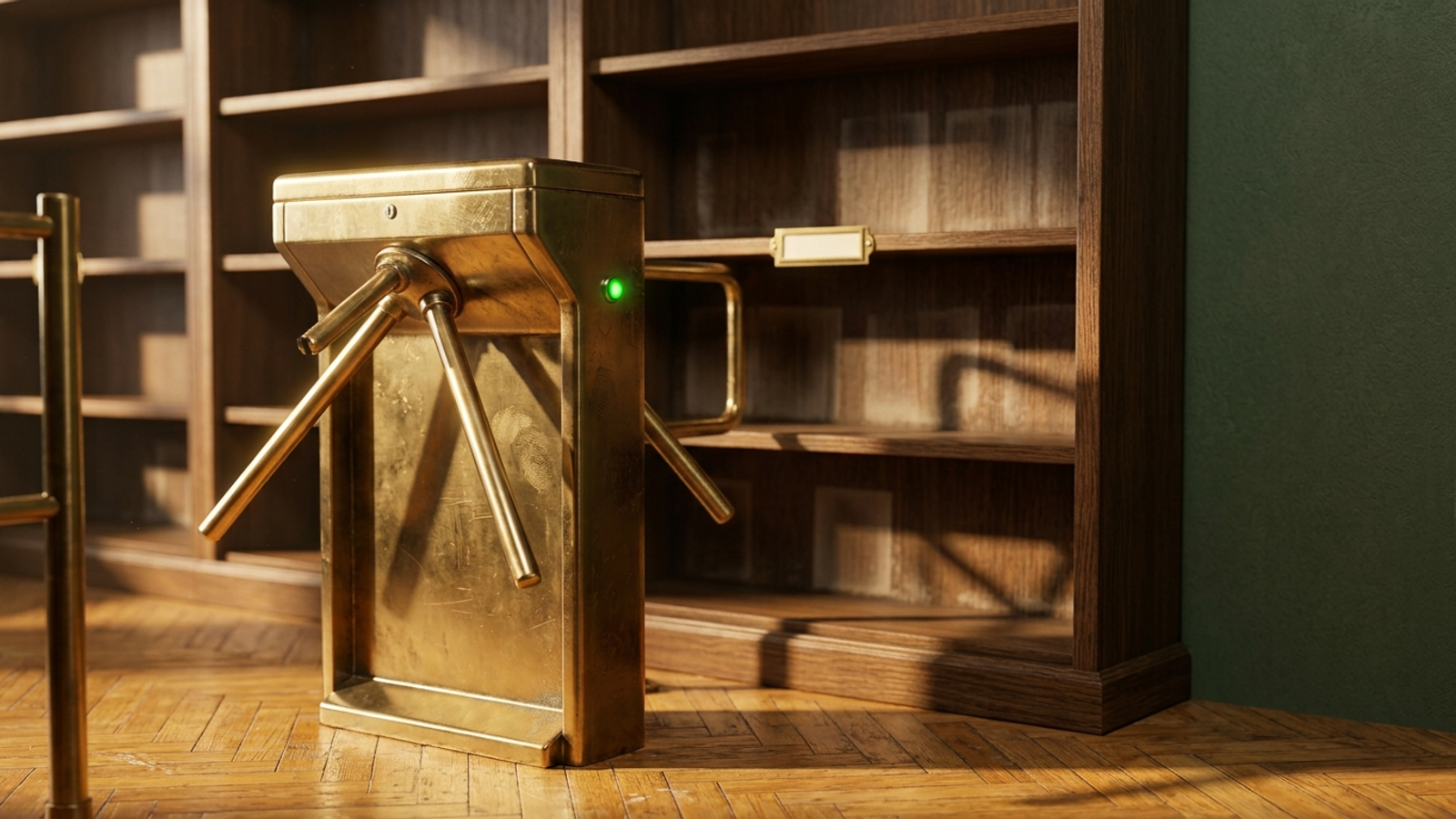 A polished brass library turnstile stands open before an empty bookcase with dust outlines of missing books: access works, but there's nothing to find.