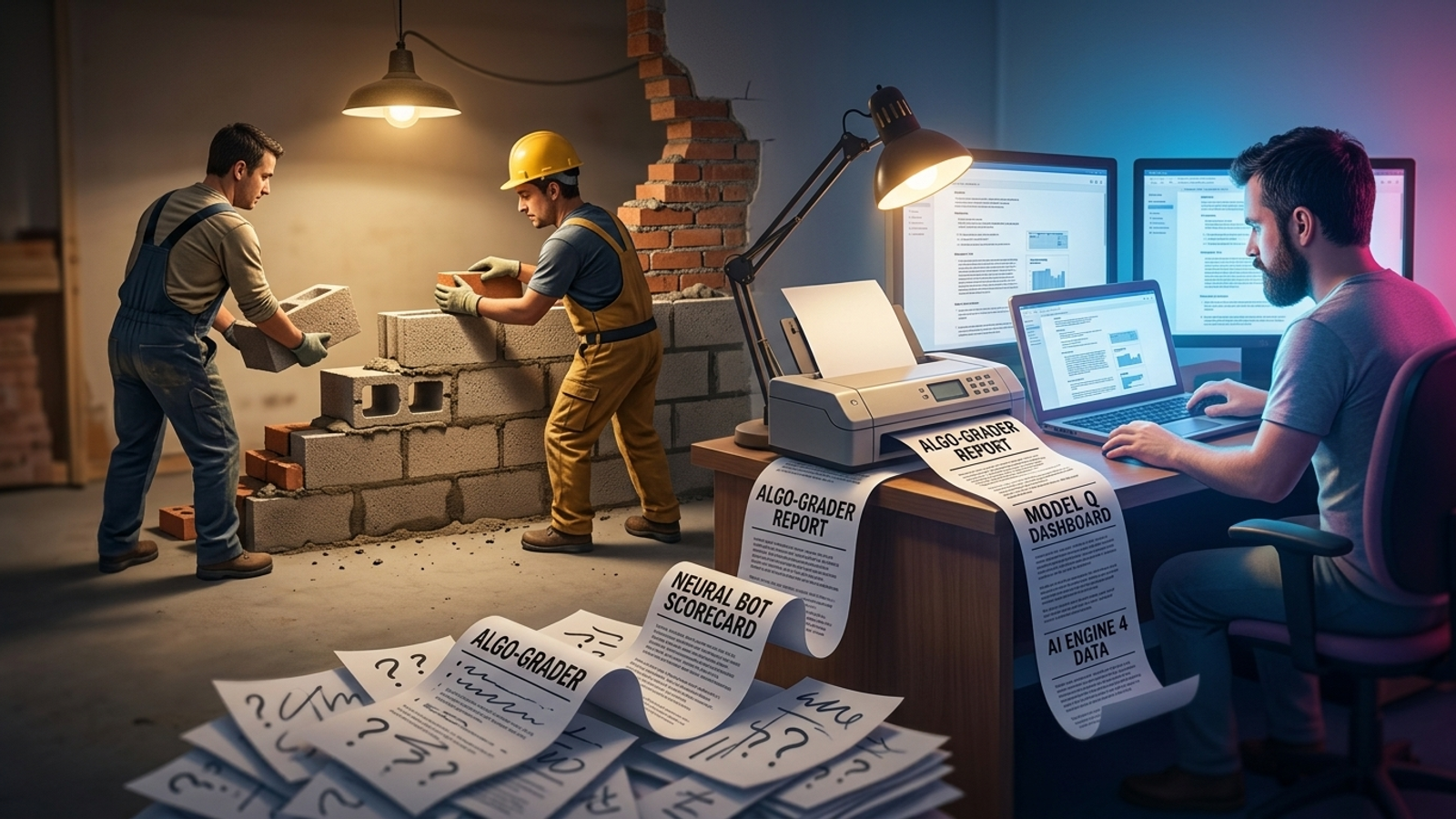 A dashboard printing report cards while a work crew rebuilds a shop wall behind it