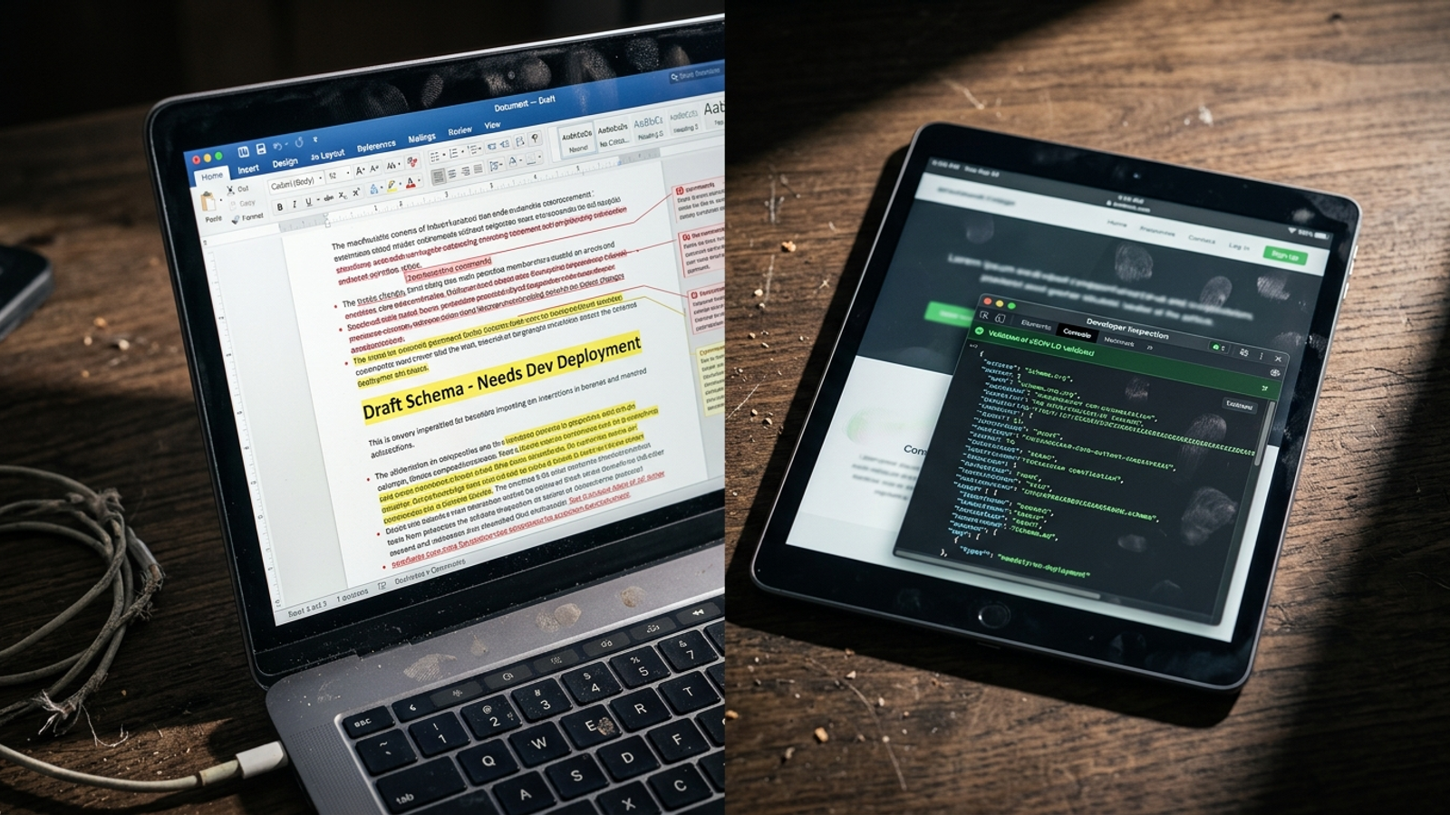 A draft-filled Google Doc beside a published website page showing schema code.