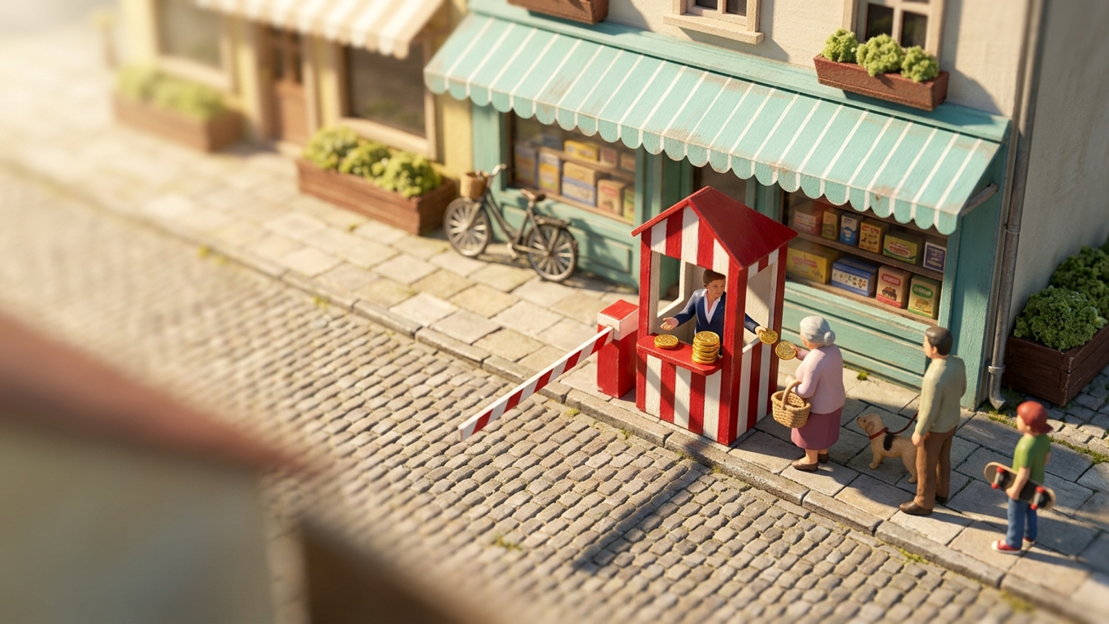 A tiny model shop with a toll booth built across its own doorway, collecting coins from regulars who were coming in anyway—commission on existing customers.