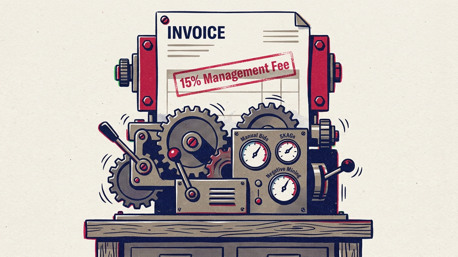 Editorial illustration of manual PPC tasks attached to a 15% fee invoice.