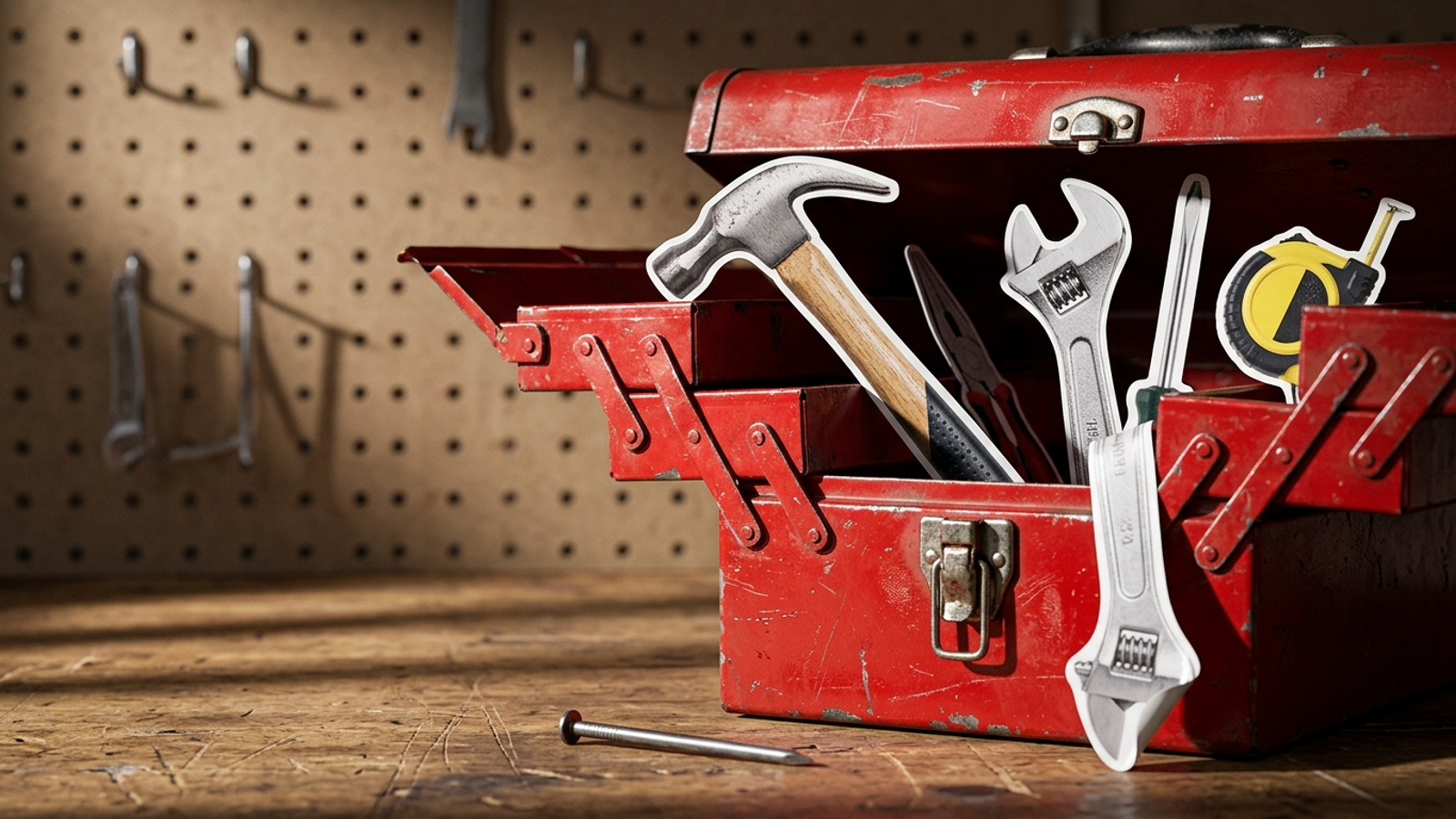 An open red toolbox holds only flat photo cutouts of tools, suggesting a vendor that sells a picture of the work instead of doing it.