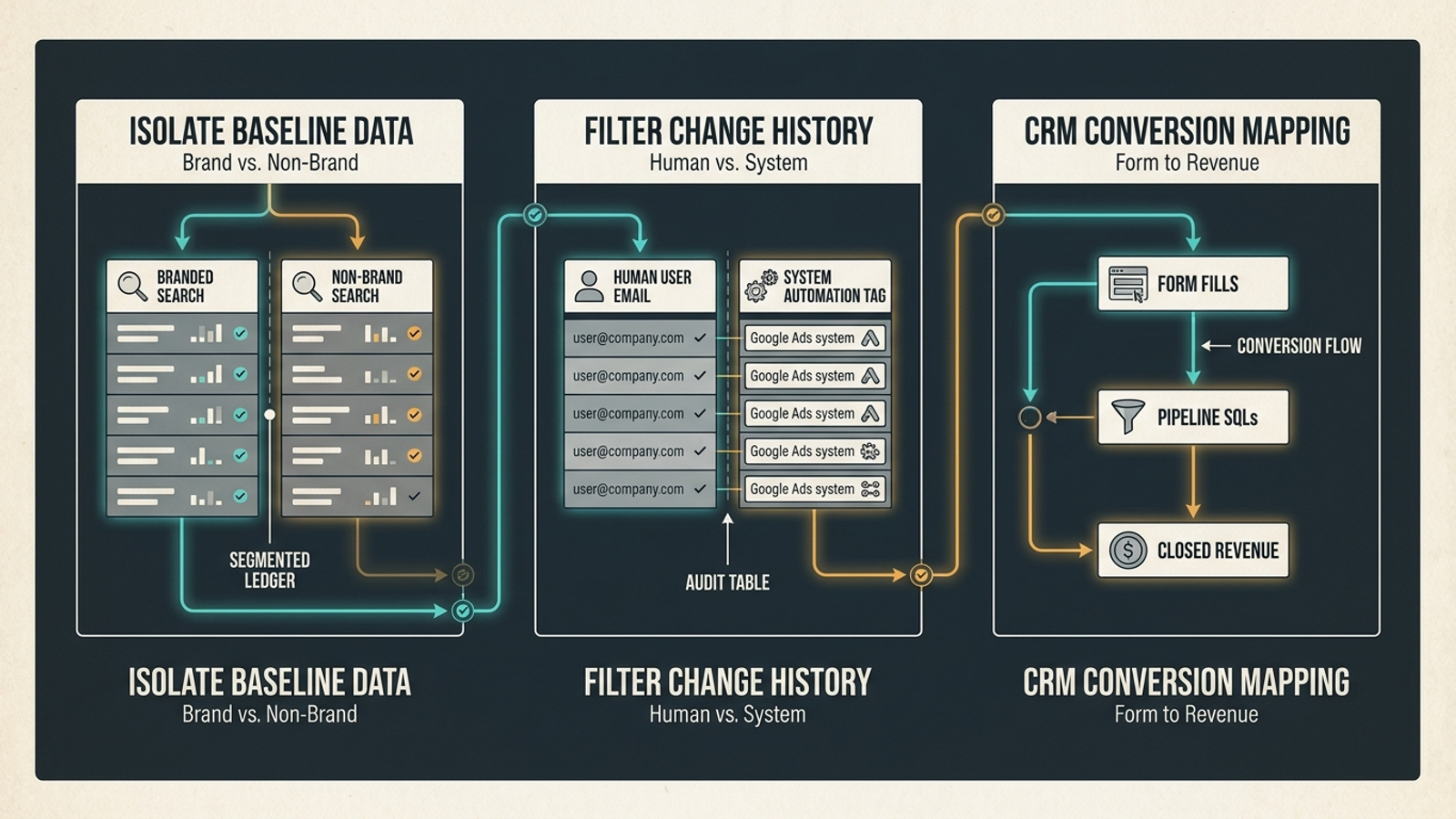 Day 0 audit diagram showing the non-brand CPA baseline, change-history users, and CRM-qualified conversions.