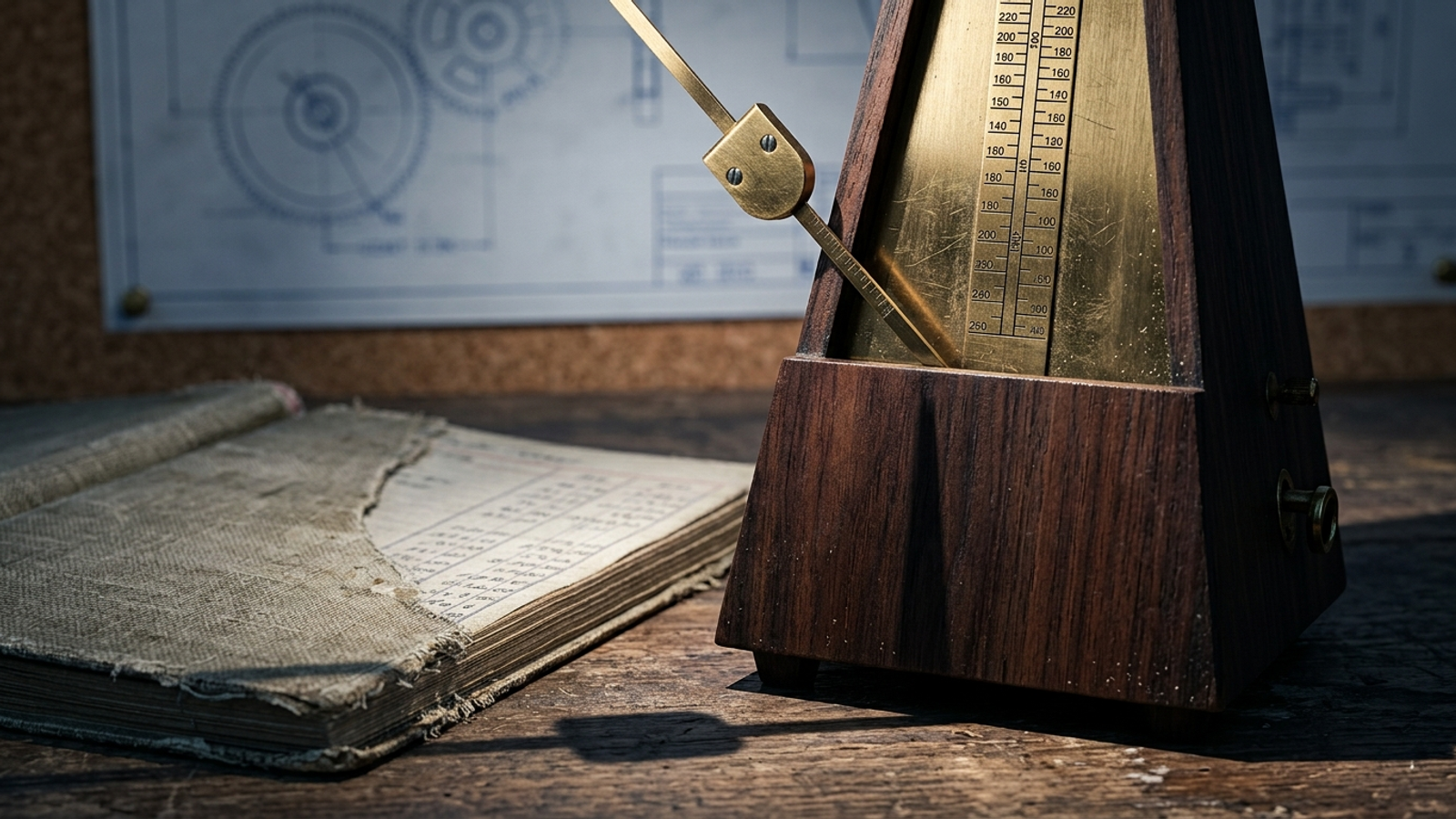 Vintage clockwork metronome beside a ledger and blueprints on a wooden workbench