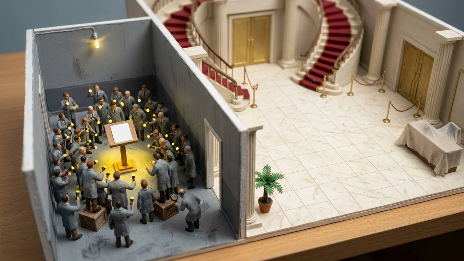 A tiny model's grand marble hall sits empty while a crowd of miniature inspectors with flashlights mobs one plain page in a side corridor.