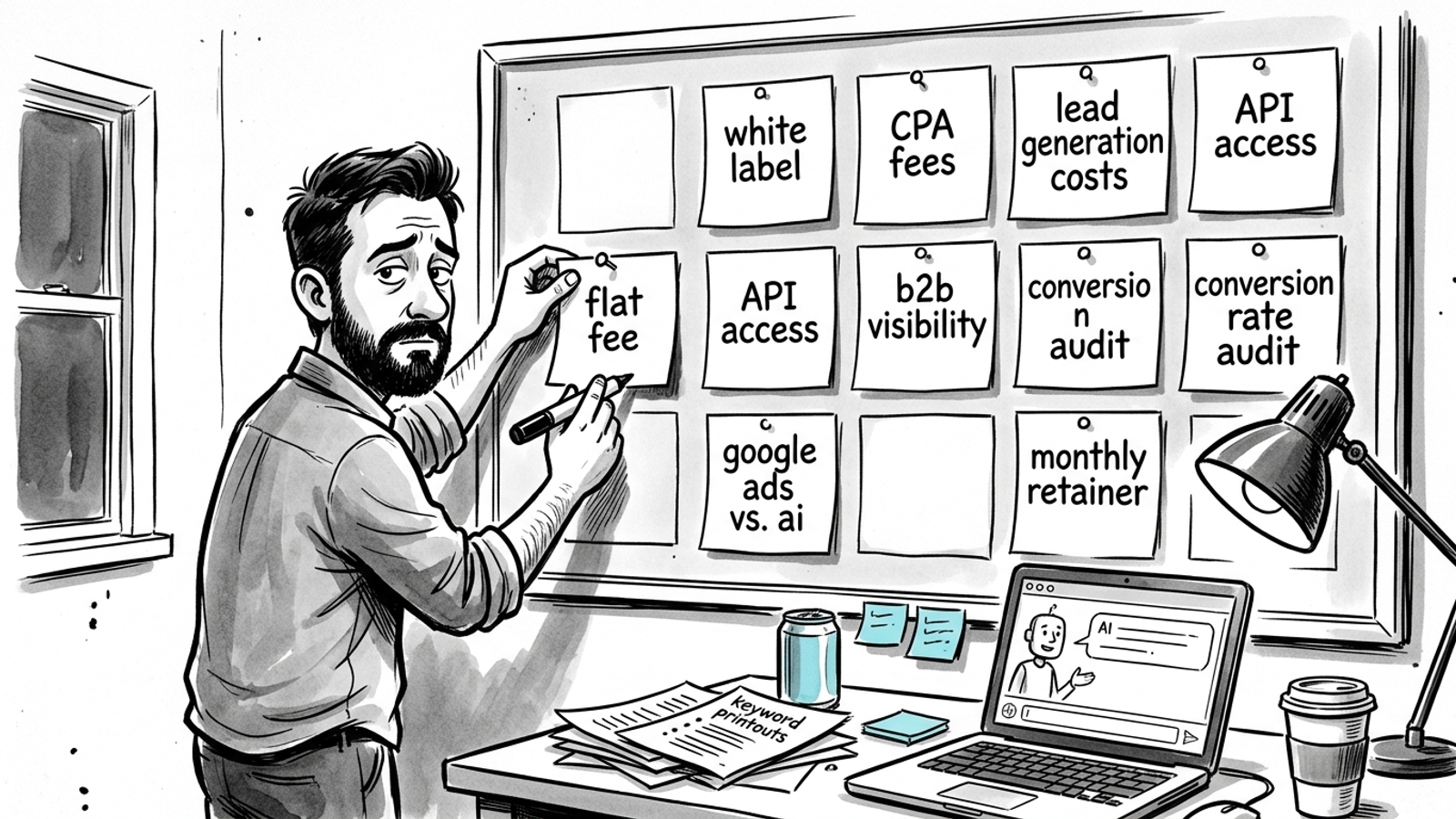Ink cartoon of a marketer assigning buyer questions to page slots on a wall