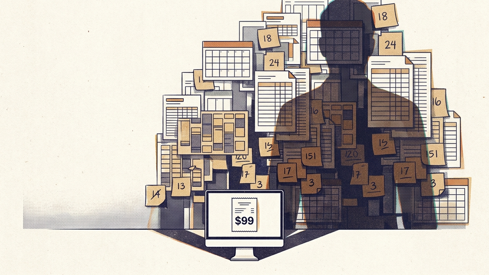 A $99 software invoice on a monitor casting the shadow of a stack of timesheets and calendars.