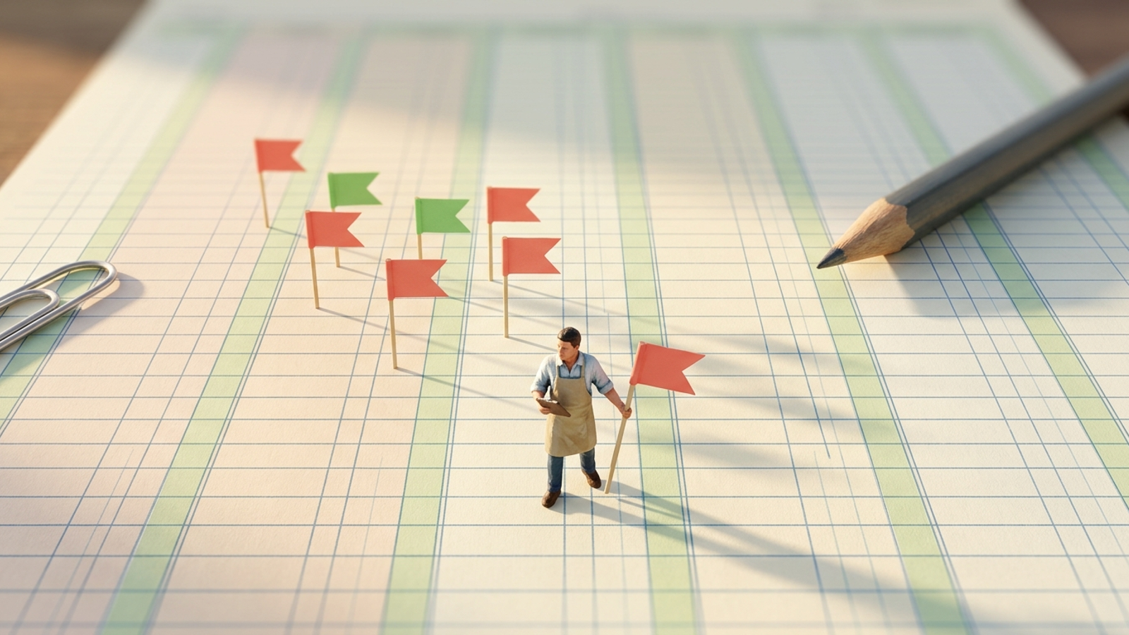 A tiny business owner with a clipboard plants flags on a huge ledger sheet laid out like farmland, most rows still empty: the gaps they haven't checked.