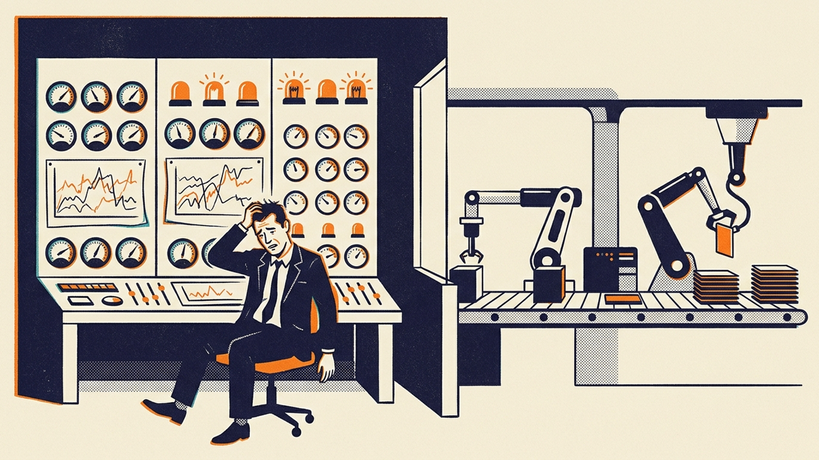 An editorial illustration contrasting a worker watching flickering dashboard dials with a system producing finished work.