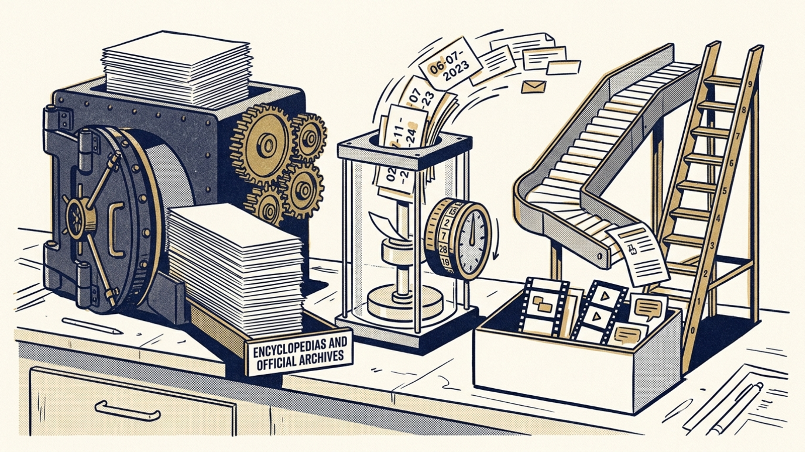 Three AI search engines represented as sorting machines with different source-selection mechanisms.