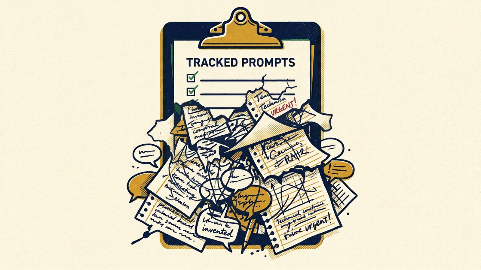 A checklist of tracked prompts sits above a tangle of more specific buyer questions.