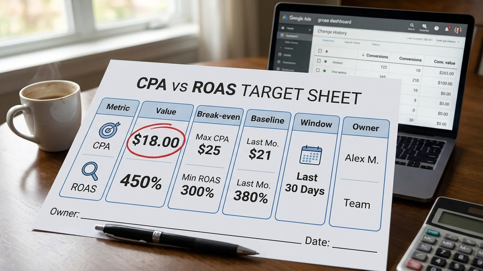 CPA vs ROAS target sheet showing metric, break-even, review date and owner fields