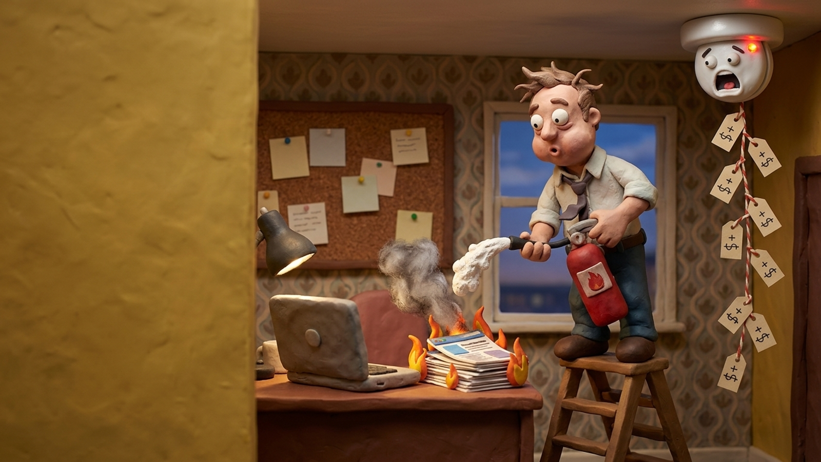 Clay figure on a ladder fights an office fire with an extinguisher while a ceiling smoke detector draped in add-on price tags just shrieks at him.