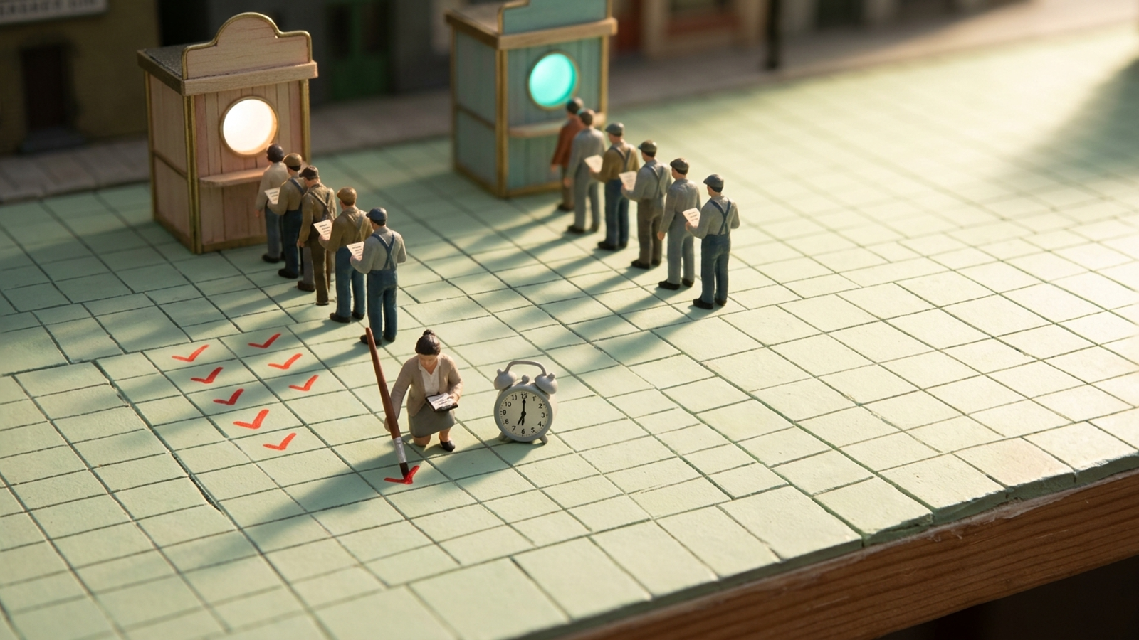 A tabletop model town where tiny people queue at two oracle booths while a clerk ticks red marks on a paving-stone spreadsheet at dawn.