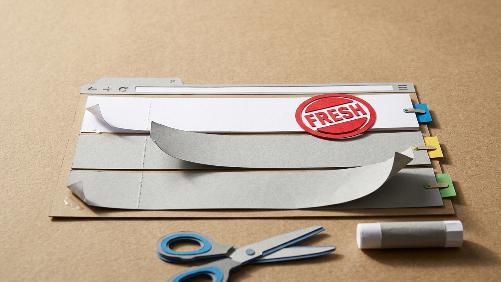 Paper-cut sitemap checklist with a fresh date stamp on the top page