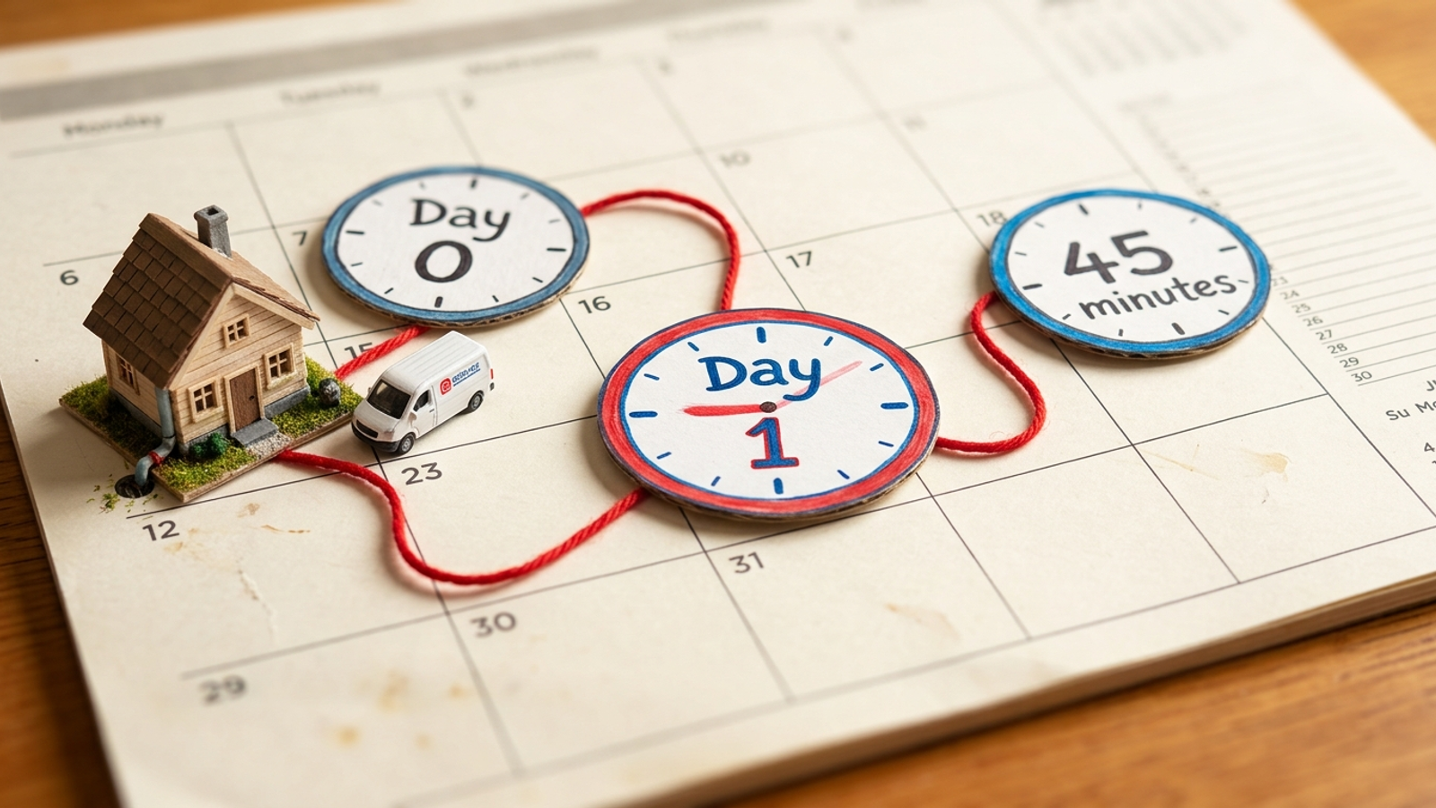 Tiny tabletop model of a service timeline with a clock, van and house on a paper calendar